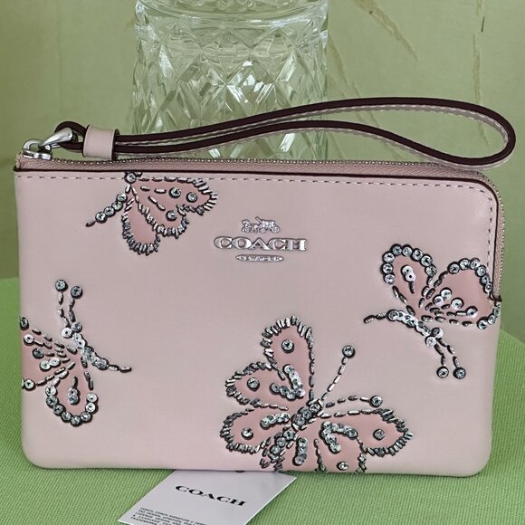 COACH CORNER ZIP WRISTLET LEATHER WITH SPARKLY BUTTERFLY PRINT:NWT CCJ72 - Picture 1 of 11
